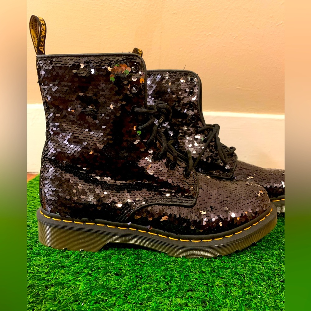 Dr. Martens Silver and Black Sequin Boots